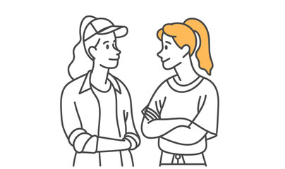 Women Talking with Smiles Doodle Style, Minimal Color Fill, Friendship, Communication, Happiness, Connection, Support, cartoon, character, drawing, line art vector illustration, minimal color
