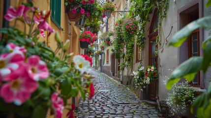 A charming narrow alley lined with cobblestones and hanging flower baskets.