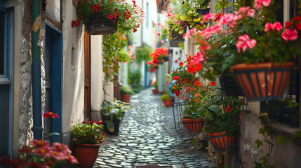 A charming narrow alley lined with cobblestones and hanging flower baskets.