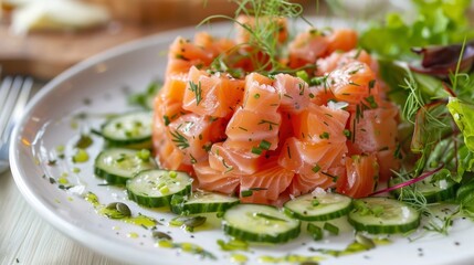 Fresh salmon salad on white plate with herbs - A beautifully presented salmon salad with cucumber and herbs on a pristine white plate, ready to be served