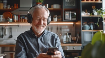 Senior Man Enjoying Music at Home