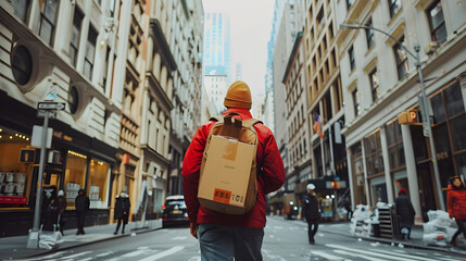 A courier delivering packages in a bustling city environment.