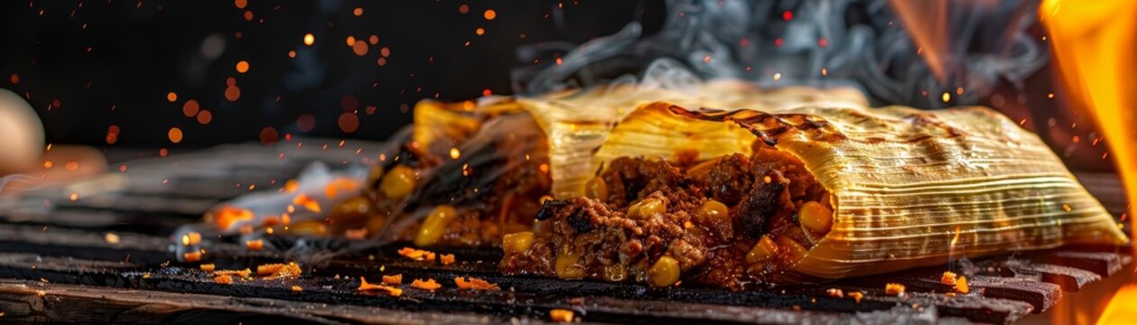 Tamale, corn dough stuffed with meat and steamed in a corn husk, Mexican street fiesta