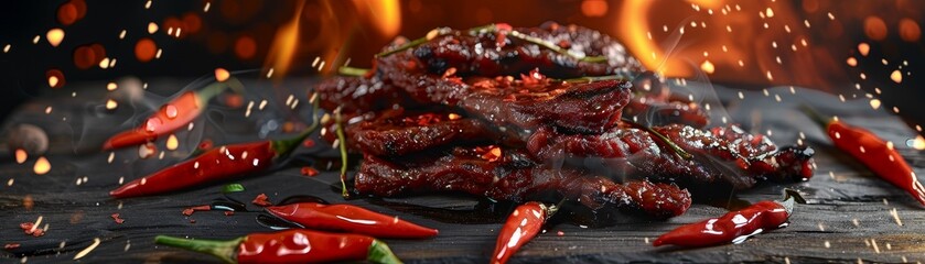 Thai beef jerky, served with sticky rice and chili sauce, roadside snack stop