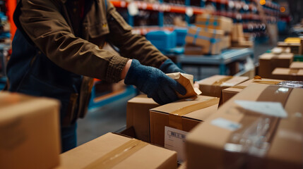 A courier sorting packages in a local depot.