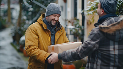 A customer receiving a package from a delivery driver.