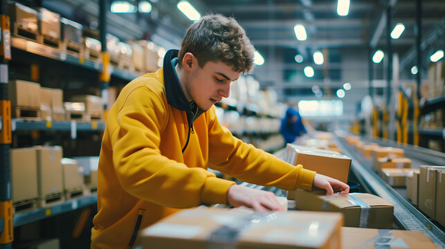 A courier sorting packages in a local depot.