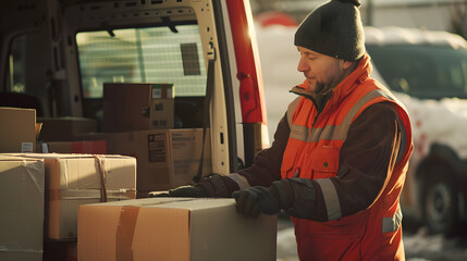 A delivery driver loading boxes into a van.