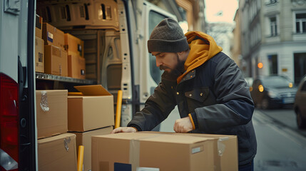 A delivery driver loading boxes into a van.