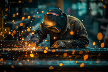 welder in protective gear welds metal using welding torch in factory