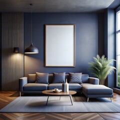 A living room with a large white framed picture on the wall, a couch
