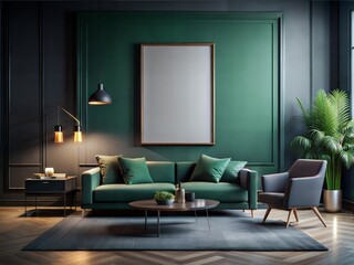 A living room with a green couch, a coffee table, and a chair