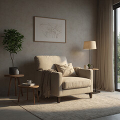 illustration a minimalist living room. A blank picture frame hangs on the wall above the armchair, ready for customization.	