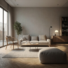 illustration a minimalist living room. A blank picture frame hangs on the wall above the armchair, ready for customization.	