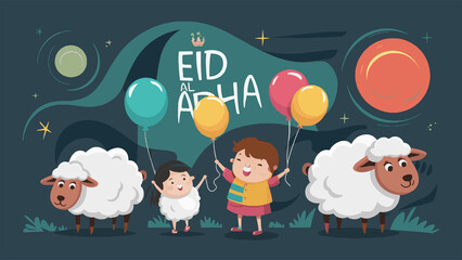 Happy Eid Aladha in modern abstract style with children celebrating and cute sheep