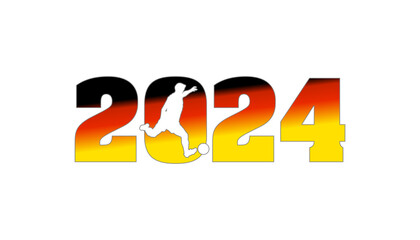 Grafik als Symbolbild f&uuml;r die Fu&szlig;ball EM 2024. Fu&szlig;ballspieler mit Ball vor Jahreszahl als Vektor Logo in den Farben Deutschlands  gestaltet.