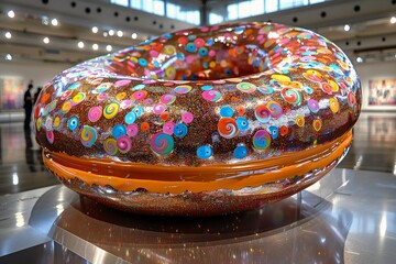 brightly colored donut display large building people glass sculpture glittering metal paint princess landau bowl filled food biennale