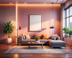 A living room with a couch, coffee table, and potted plants