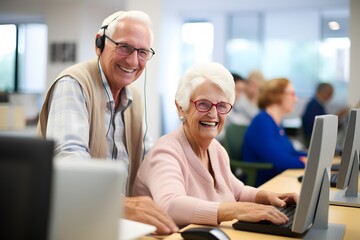elderly people are learing how to work with computer at computer course