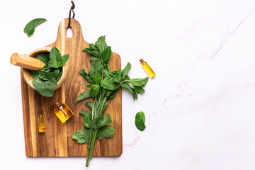 Wooden mortar with fresh green mint leaves and bottles with essential oils on the wooden board on...