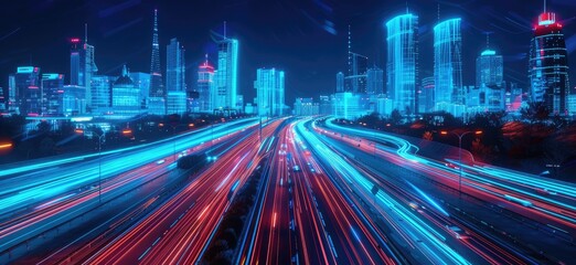 Fototapeta na wymiar Futuristic Cityscape with Neon Lights and Highways.