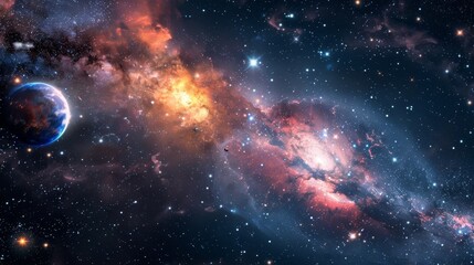Obraz premium Stunning deep space view of a colorful nebula and distant planet, showcasing the beauty and vastness of the universe with star-filled sky.
