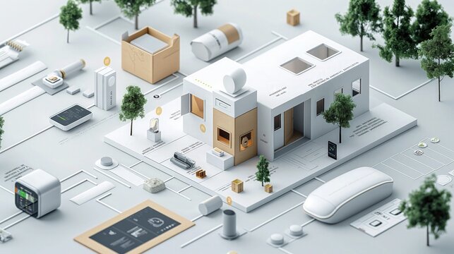 Miniature white building model with smart technology components and small trees isolated on a solid white background for architectural presentations.