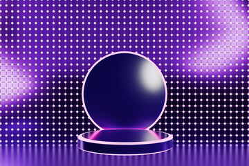 A glowing sphere on a pedestal with a dotted purple background.3d rendering