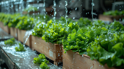 Green lettuce is growing in wooden boxes on a commercial washing machine, with water pouring from the top and spraying at the bottom of cardboard boxes. The photo was taken from the side perspective. 