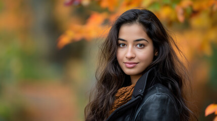 Fototapeta premium A woman standing in front of a tree during autumn