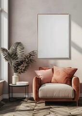 A blank picture frame mock-up in a modern furnished room