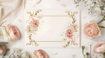 wedding invitation card, Frame made of rose flowers on white background