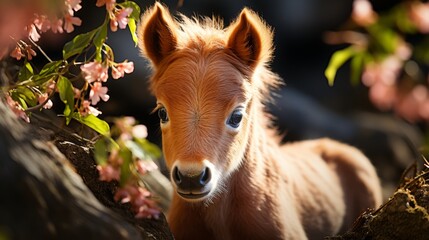 Small horse peeks from behind fence with flowers, spring theme pet products mockup