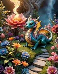 Colorful dragon perched beside a vibrant pathway lined with lush flowers and fiery lotus, in a mystical setting.
