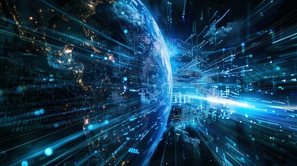 The digital globe spins out of control, global network and connectivity across Earth. Data transfer occurs at breakneck speeds, fueling a frenzy of business transactions