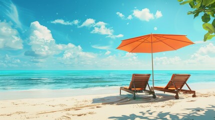 Beach paradise with orange sunshade - A captivating beach scene with two wooden chairs beneath an orange sunshade on a perfect day