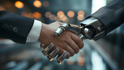 Business Human and Robot hands in handshake. Artificial intelligence Conceptual Technology Design On shining abstract background