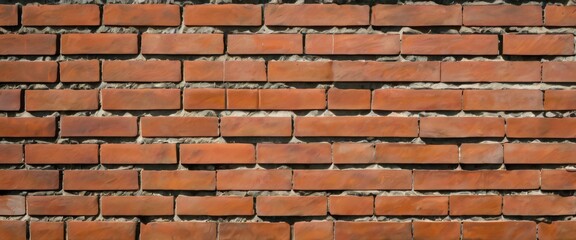 Close-up of a detailed brick wall texture with uniform rows of red and orange bricks, suitable for architectural and design backgrounds.