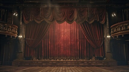 Classic theater stage with red curtains - A classic theater stage with red velvet curtains, intricate wooden details and ornate boxes