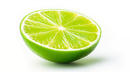 one half slice of green lime on white background