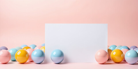 Mockup with White Sheet and Glossy Colorful Balls on Peach Background