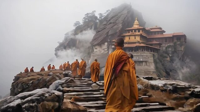 Monks on the mountain go to the monastery