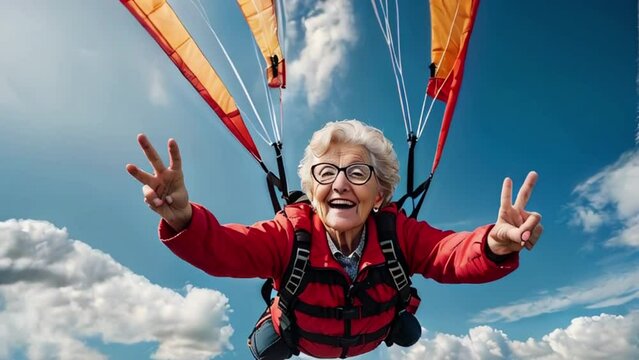 Senior white woman with gray hair is fearless and fun parasailing. Extreme sports concept. Close up