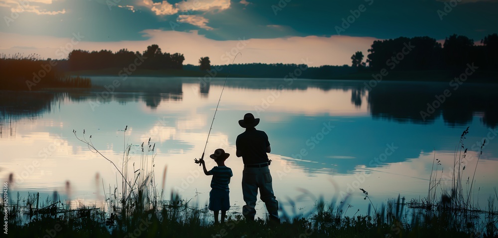 Wall mural silhouette of father and child fishing at dusk, happy father's day with copy space for text, serene 