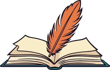 An opened book with a feather vector illustration