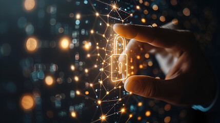 Hand touching cyber security / Ensuring Internet Safety through Advanced Cybersecurity Measures: Protecting Data and Privacy Online