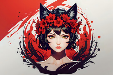 Mystical Cat Woman with Floral Crown. Artistic illustration of a beautiful woman with cat ears and a floral crown against a red abstract background. Ideal for fantasy themes and apparel design.

