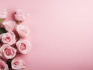 Top view of rose display on pink table