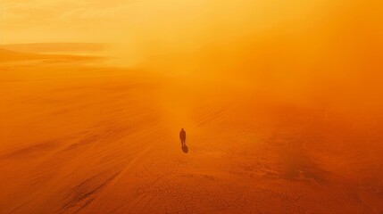 A man walking through an empty orange liminal otherworldly hazy dusty never ending desert
