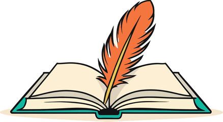 An opened book with a feather vector illustration
